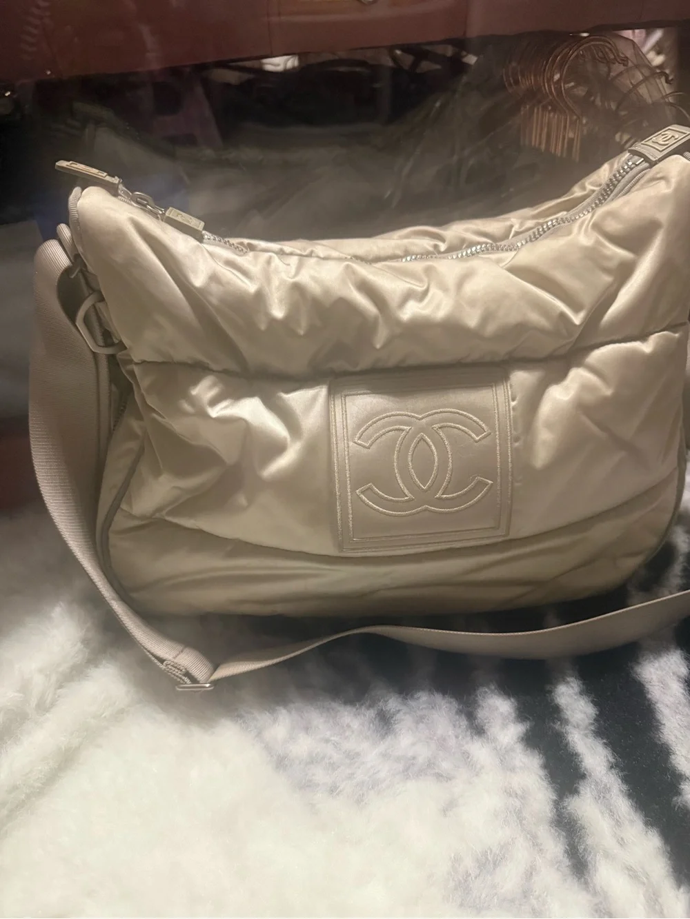 CHANEL Beige Quilted Nylon CC Logo Shoulder Bag
